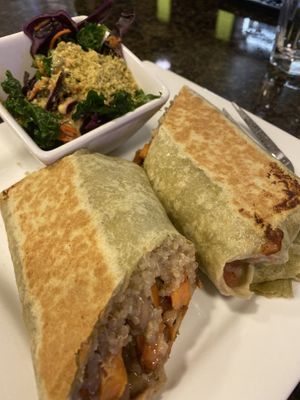 Sweet potato and bean burrito with side kale salad at Good Life Cafe in Columbia