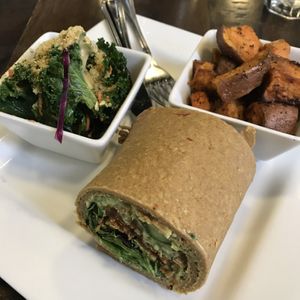 Flax wrap with kale and sweet potato sides at Good Life Cafe in Columbia