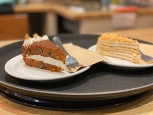 Amazing vegan cakes. Spicy carrot cake and Medovic - Russian Honey Cake. You wouldn't believe it's vegan. at Nama Café and Cake House in South East London