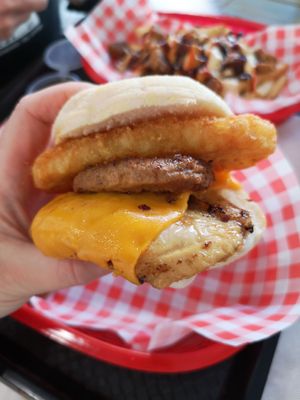 Vegan sausage and egg muffin with extra hash brown at Lord of the Fries in Northbridge