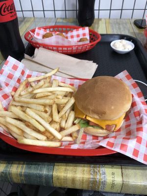Stinger burger and shoestring fries with mac & cheese balls  at Lord of the Fries in Northbridge