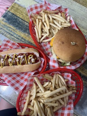 Hot dog  and burger with fries  at Lord of the Fries in Northbridge