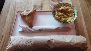 Formula A: 1 sandwich (zaatar) + 1 meza (eggplant salad) + 1 bite (fatayer) = 13,50€ at MEZAIA in Paris