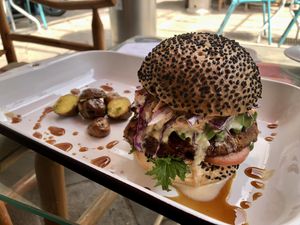 Terrific looking terrific tasting burger  at Parada Vegana in Cusco