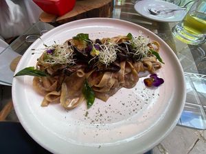 Mushroom spaghetti   at Parada Vegana in Cusco