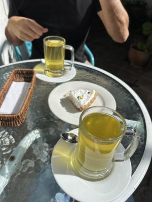 Muna tea and lemon meringue pie   at Parada Vegana in Cusco