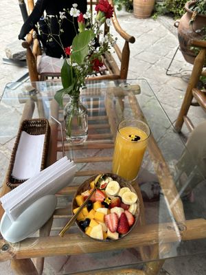 Fruit salad and orange juice (orange juice is the best ever!)  at Parada Vegana in Cusco
