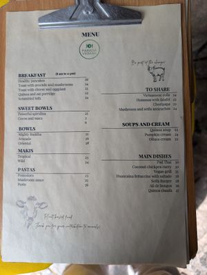 Food menu July 2024 at Parada Vegana in Cusco