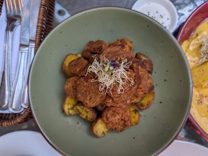 Choripapa (basically seitan and potato with a dipping sauce) at Parada Vegana in Cusco