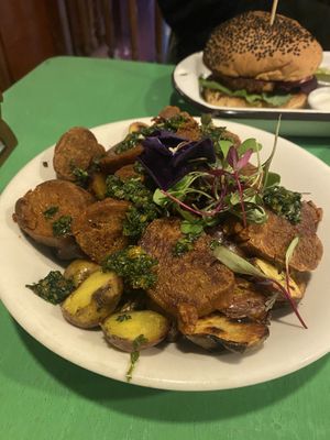 Fries & sausage starter   at Parada Vegana in Cusco