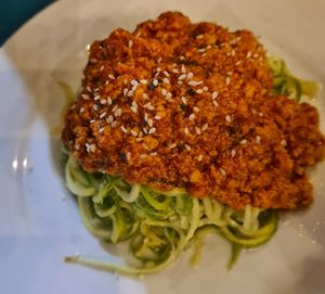 Tofu bolognese zoodles at Teapot Cafe in Taghazout