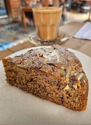 Banana cake, coconut chai latte. at Teapot Cafe in Taghazout