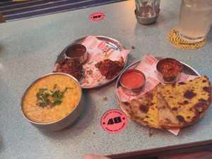 Bhaji (3 but I ate one), taka dalh with lentils and rice, and potato bread (spelling is probably wrong, sorry) at Bundobust - Oxford St in Manchester