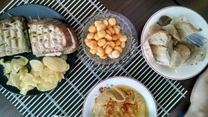 Hummus, Lupins and Toastada at Comércio Café Coworking in Porto