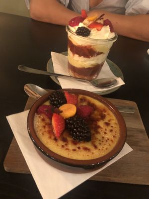 Crème brûlée (front) and rhubarb trifle   at Grøn'46 in Aarhus