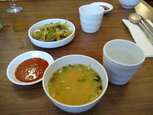 Pickles, hot sauce, and miso soup. at Mu Goong Hwa Garden in Ottawa