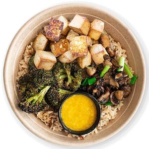 Veggie Vacay Bowl: Coconut Rice, Sesame Ginger Broccoli, Roasted Mushrooms, Garlic Sesame Tofu, Coconut Sweet Potato Sauce at Mahana Fresh in Boca Raton