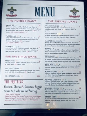 Menu on 7/7/22  at Juan More Taco in Fredericksburg