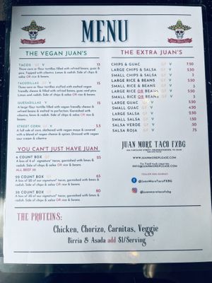 Menu on 7/7/22  at Juan More Taco in Fredericksburg