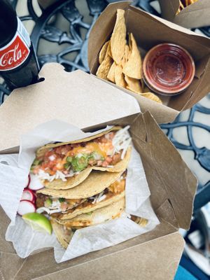 Taco Trio with Refried Beans, Pico de Gallo, Guac, Vegan Chipotle Cream, and Vegan Cheese  at Juan More Taco in Fredericksburg