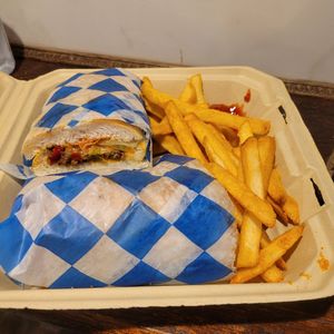 Chopped cheese with fries at Vegan On The Fly in New York City