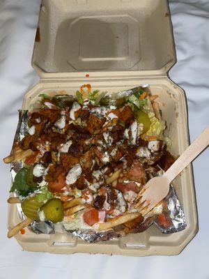 vegan buffalo chicken loaded fries  at Vegan On The Fly in New York City