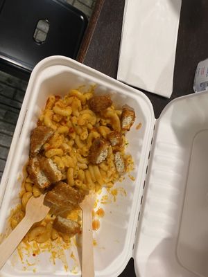 Chick’n Mac n Cheeze with sweet/spicy sauce  at Vegan On The Fly in New York City