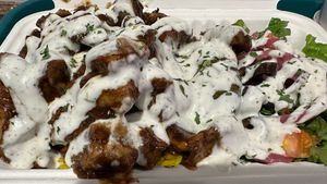 Jerk “chicken” and rice platter   at Vegan On The Fly in New York City