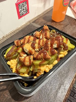 Mac n cheese with “chicken”!  at Vegan On The Fly in New York City