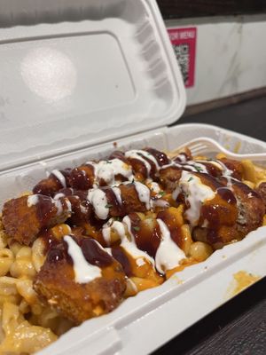Mac&cheese with chicken strips  at Vegan On The Fly in New York City