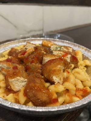Mac cheese bowl with sweet and sour.   at Vegan On The Fly in New York City