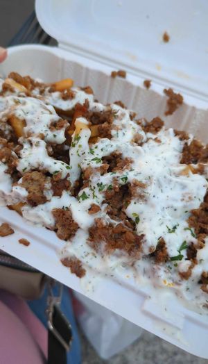 Impossible Kefta loaded fries at Vegan On The Fly in New York City
