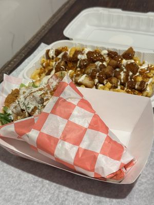 Gyro with seitan and mac bowl with Nashville chicken  at Vegan On The Fly in New York City