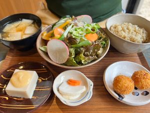 Main meal set with rice, sesame tofu and potato ginger croquettes  at Unkimika in Tokyo