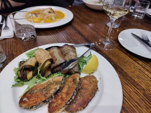 Swordfish, pumpkin ravioli in the background at Funghi E Tartufo in Melbourne