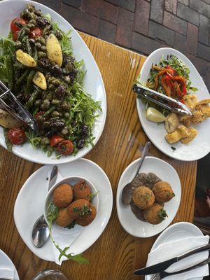 calamari, arancini, fried olives, salad  at Funghi E Tartufo in Melbourne