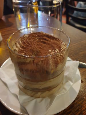 Coffee & Amaretto Tiramisu $20.00: quite dry, no Amaretto taste, but really good cream at Funghi E Tartufo in Melbourne