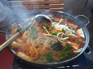 Spicy kimchi tofu noodle soup for two at Panda Garden in Lincoln