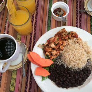 Vegan breakfast menu with coffee at Las Chinitas in Panajachel