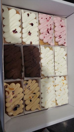 Vanilla/Raspberry, Coconut/Lime, Orange/Cardamom, Rose/Vanilla, Double Chocolate/Date,Salted Caramel. DIVINE! at Cotswold Vegan Bakery in Cheltenham