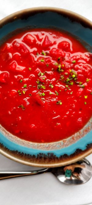 Beet tomato borscht at Mirbeau Inn & Spa in Skaneateles