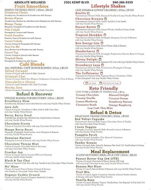 Smoothie Menu at Absolute Wellness in Wichita Falls