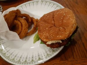 Onion rings are so good! This chicken burger could have used more pickles but it was still really good at Odd Burger in Hamilton