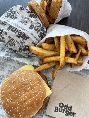 Fries, rings, chicken cordon bleu  at Odd Burger in Hamilton