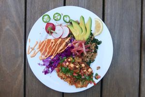 Mexican Macro Bowl with corn  fritters at Wild Love Vegan Food in Los Angeles