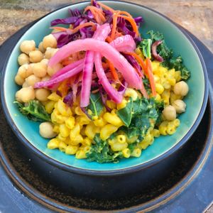 Kale Mac n' Cheese with pickled veg and chickpeas at Wild Love Vegan Food in Los Angeles