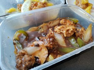 Mixed 'meat' in black bean sauce at Vegan Green Kitchen in Manchester