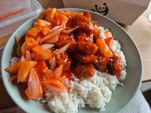 Sweet and sour chicken at Vegan Green Kitchen in Manchester