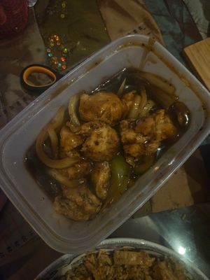 Chicken in black bean sauce at Vegan Green Kitchen in Manchester