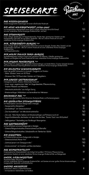 Speisekarte at Das Gasthaus Im Panzhaus in Greimerath